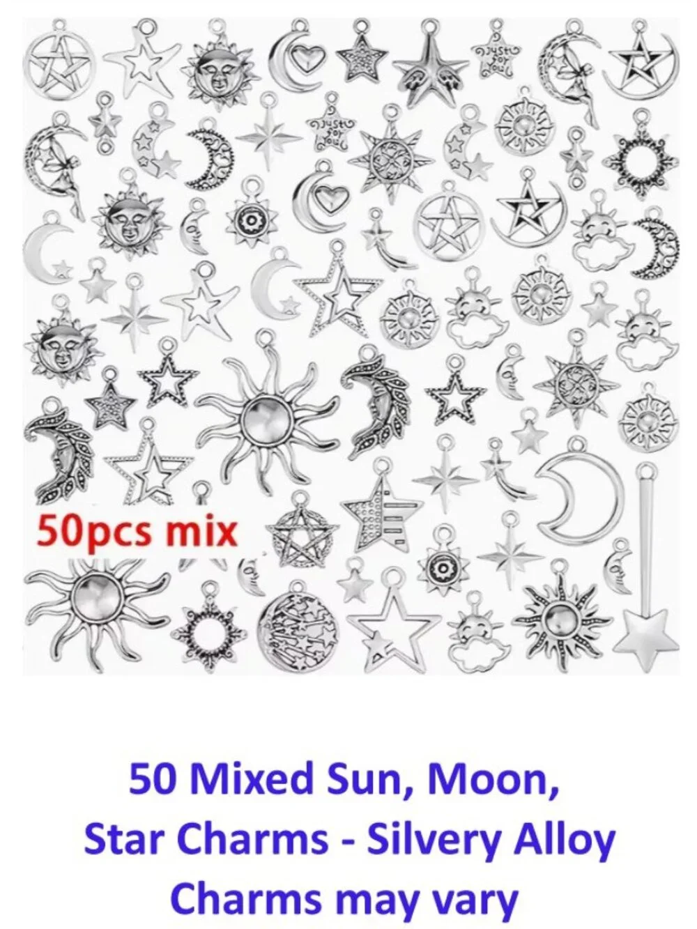 50pcs Mixed Sun Moon Star Charms - Silvery Alloy,